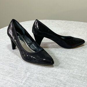 Michelangelo Black Sequin Pumps with a Satin Heel Size 7 1/2 M